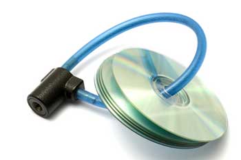 Image of data CDs thethered by a cable lock